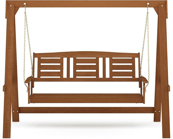 Furinno Tioman Hardwood Patio / Garden / Outdoor Large Porch Swing, 3 Seater with Hanging Frame, Natural - Photo 3