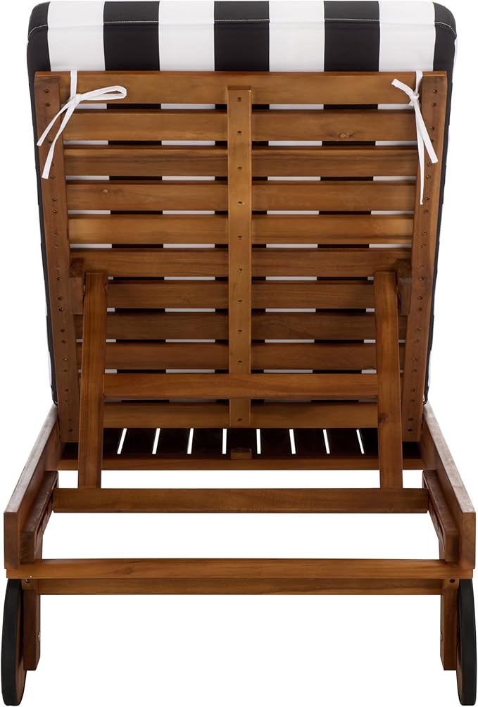 SAFAVIEH Outdoor Patio Furniture Collection - Newport Natural Solid Wood Chaise Lounge Chair with Black Stripe Cushion, Adjustable Backrest (PAT7316E)