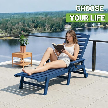 Outdoor Lounge Chairs, 78'' Long Patio Lounge Chair HDPE 5-Position Adjustable with Cup Holder & Rolling Wheels, Pool Lounge Chair for Sunbathing Tanning, Deck, Poolside -Dark Blue