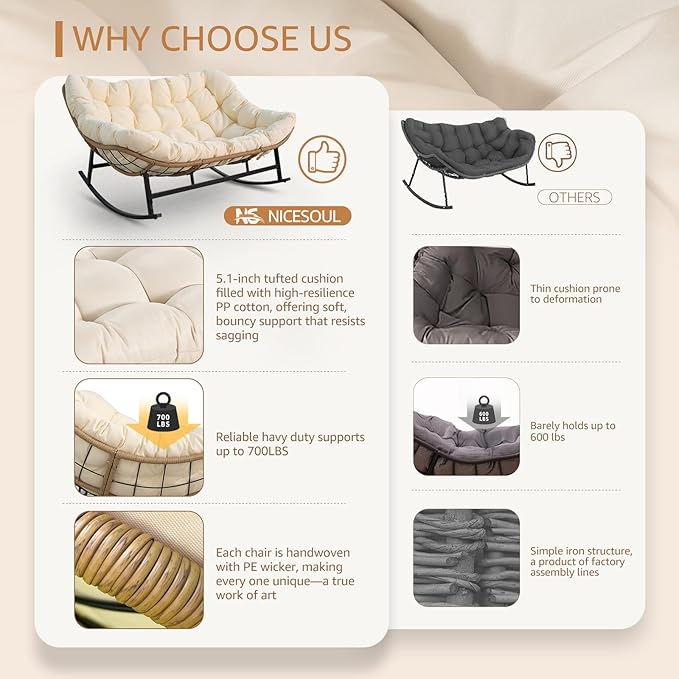NICESOUL Oversized Double Rocking Papasan Chair with Ottoman and Cushion, Indoor Outdoor Padded Rocking Chair for 2 Person, 700 Lbs Comfy Rattan Egg Loveseat Royal Rocker for Lawn, Garden, Deck, Beige