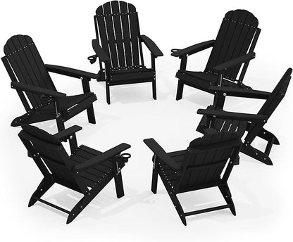 YEFU Adirondack Chairs Set of 6 for Patio: Folding Plastic Fire Pit Chair with Cup Holders & Adjustable Backrest - Sturdy All-Weather HDPE for Outdoor Pool Lawn - Easy Assembly(Black)