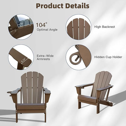 Domi Folding Adirondack Chair, HDPE All-Weather Outdoor Chair with Cup Holder, Wooden Textured Fire Pit Chair for Backyard, Patio, Poolside & Deck, Khaki