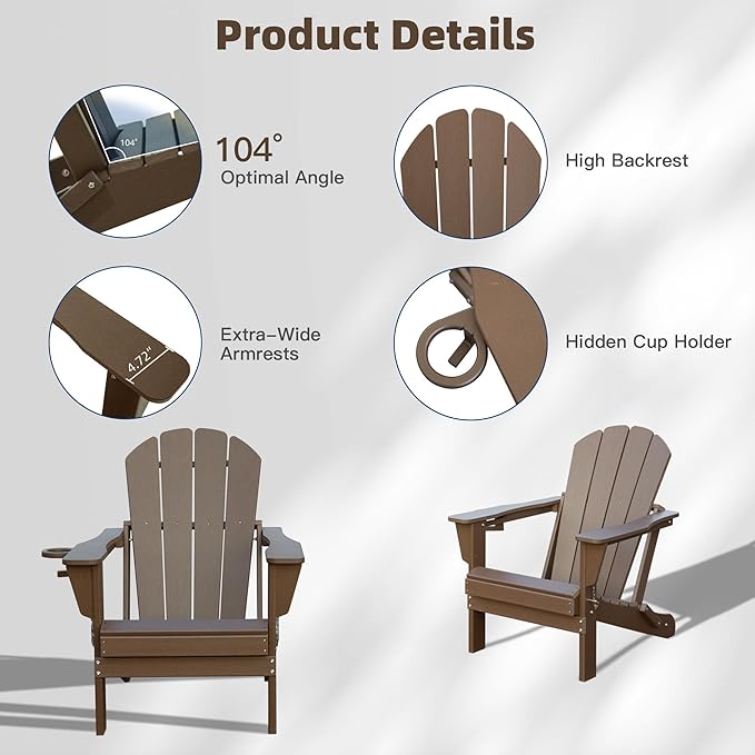 Domi Folding Adirondack Chairs Set of 6, HDPE All-Weather Outdoor Chairs with Cup Holder, Wooden Textured Fire Pit Chairs for Backyard, Patio, Poolside & Deck, Khaki