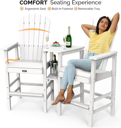 VINGLI Tall Adirondack Chairs Set of 2 with Dual Trays, All-Weather HDPE Outdoor BarStools Poly Deck Chairs for Patio, Poolside and Balcony (White)