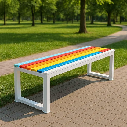 31" Outdoor Bench Weatherproof Patio Garden Benches Metal Backless Bench Seating 2-4 Person Slatted Chairs for Porch Patio Lawn and Backyard Black(White,L-59)