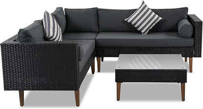Quarte 4-Piece Outdoor Patio Furniture Set, Wicker L-Shape Corner Sectional Sofa Set with Colorful Pillows and Coffee Table,Conversation Seating Group for Small Places (Black+ Gray/L)