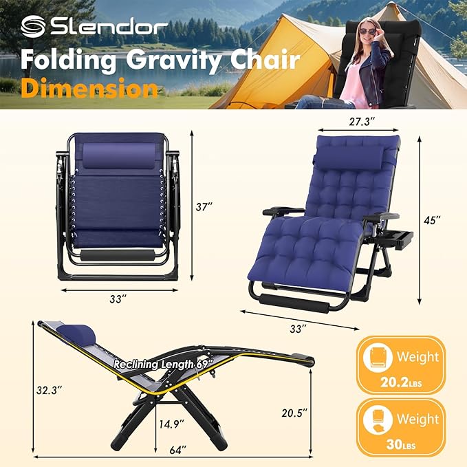 Slendor Zero Gravity Chair Oversized, 33In XXL Reclining Lounge Chair with Removable Cushion, Cup Tray, Footrest, Folding Reclining Camping Patio Recliner Chair w/Upgraded Lock,Blue