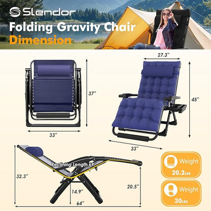 Slendor Zero Gravity Chair Oversized, 33In XXL Reclining Lounge Chair with Removable Cushion, Cup Tray, Footrest, Folding Reclining Camping Patio Recliner Chair w/Upgraded Lock,Blue