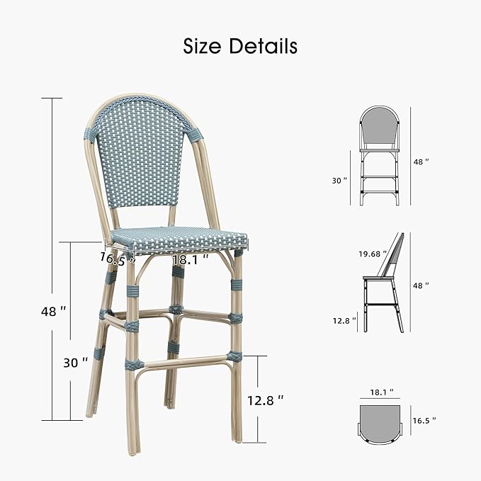 PURPLE LEAF French Bar Stool Set of 2 White Print Finish Patio Bar Stools with Back Rattan Chairs Wicker Bar Height - Photo 5