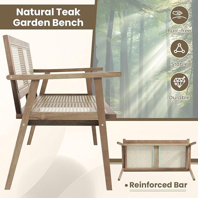Tangkula Outdoor Teak Wood Garden Bench, 2-Person Patio Bench with Armrests, Rattan Backrest & Seat - Photo 6