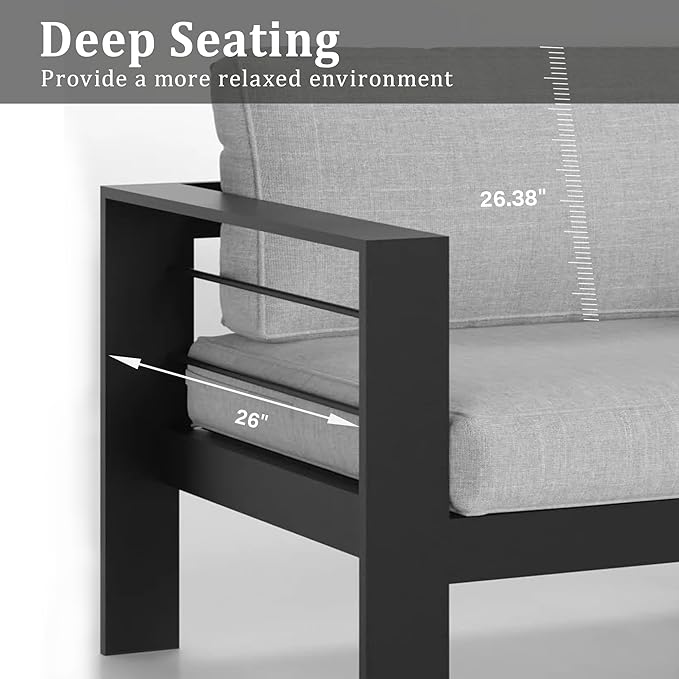 Kiss the Water Outdoor Patio Metal Furniture Chair, 2 PCS All-Weather Aluminum Outdoor Sofa with 5" Thick Soft Cushion and Wide Arm, Deep Seating Patio Couch for Balcony, Porch, Backyard