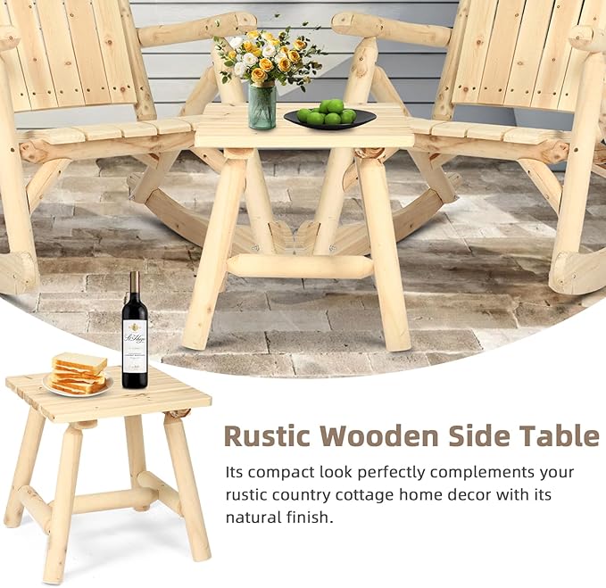 Outdoor Adirondack Log Side Table, 19.5" Thick Wooden Patio Square End Table with Slatted Tabletop - Photo 5