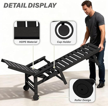 5-Position Adjustable Patio Chaise Lounge - 78'' HDPE Outdoor Lounger with Rolling Wheels & Cup Holder, Longer, Wider, Higher - Perfect for Poolside & Deck, Black