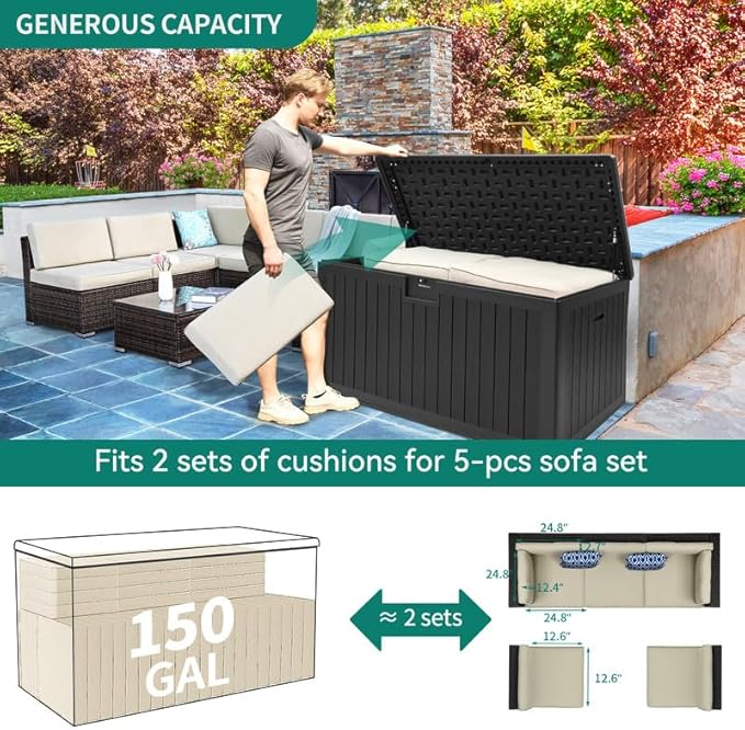 YITAHOME XL 150 Gallon Large Deck Box, Outdoor Storage for Patio Furniture Cushions, Garden Tools, Waterproof - Photo 6