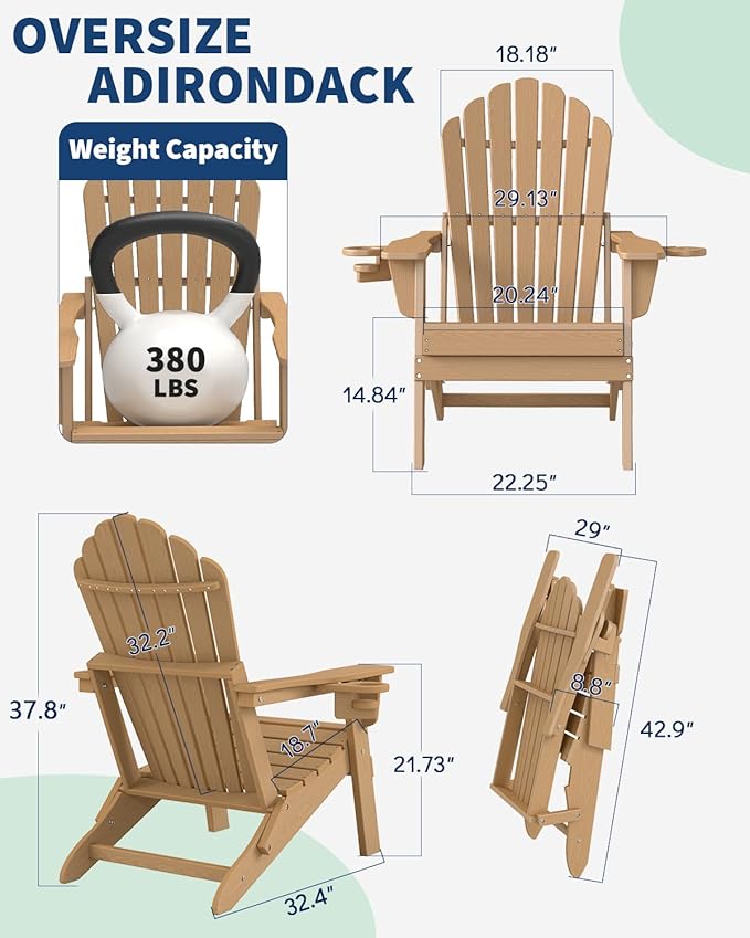 Plawdlik Folding Adirondack Chair Set of 4-with Two Cup Holder, Widened Heavy All-Weather HDPE, SGS Tested - Photo 2