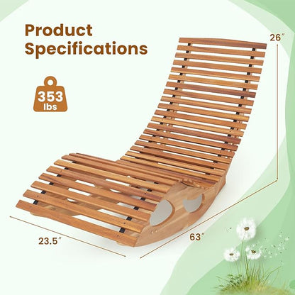 HAPPYGRILL Outdoor Acacia Wood Chaise Lounge Set of 2, Rocking Chair with High Back, Slatted Seat, Stopper, Outside Wood Rocker, 350 Lbs Capacity Sun Lounger