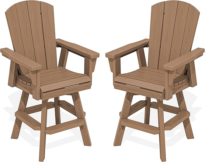SERWALL Swivel Adirondack Barstools Set of 2, HDPE Outdoor Swivel Bar Chairs Set of 2 for Patio, Poolside, Garden, Brown - Photo 1