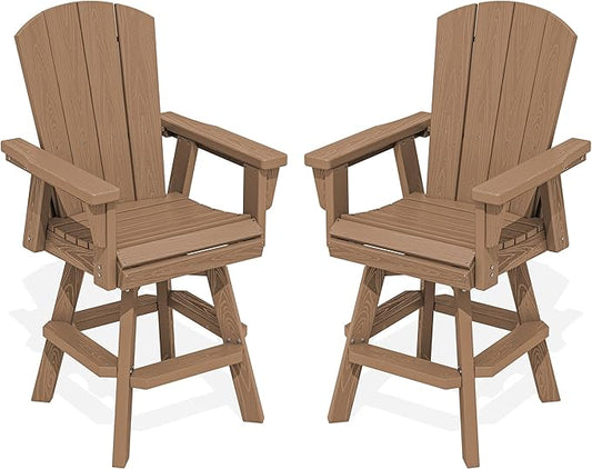 SERWALL Swivel Adirondack Barstools Set of 2, HDPE Outdoor Swivel Bar Chairs Set of 2 for Patio, Poolside, Garden, Brown