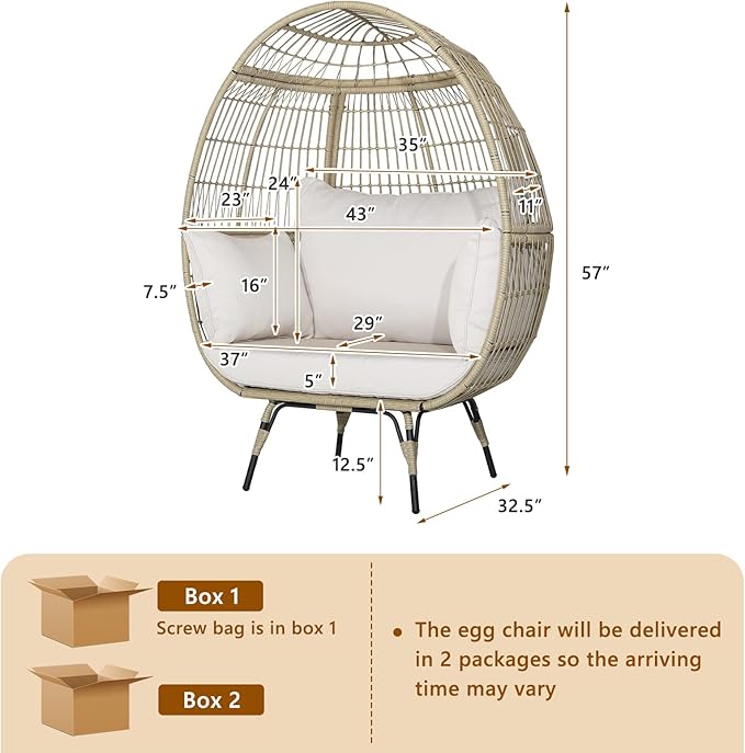 Tangkula PE Wicker Egg Chair, Patiojoy Oversized Indoor Outdoor Patio Lounge Chair with Cushions and Pillows, Steel Frame Basket Chair for Garden, Deck, Balcony, Living Room (Light Brown)