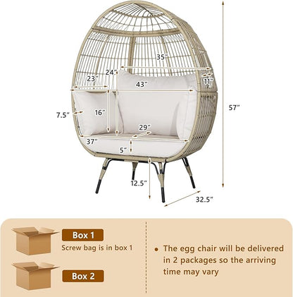 Tangkula PE Wicker Egg Chair, Patiojoy Oversized Indoor Outdoor Patio Lounge Chair with Cushions and Pillows, Steel Frame Basket Chair for Garden, Deck, Balcony, Living Room (Light Brown)