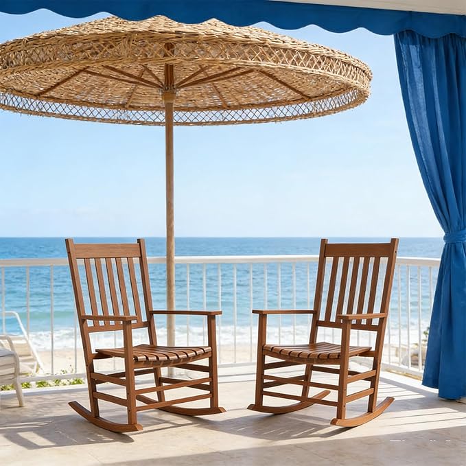 2Pcs Wooden Rocking Chairs, Wood Classic Slatted Patio Porch Rockers for Porches, Backyards, Poolside Balconies, Decks(Teak)