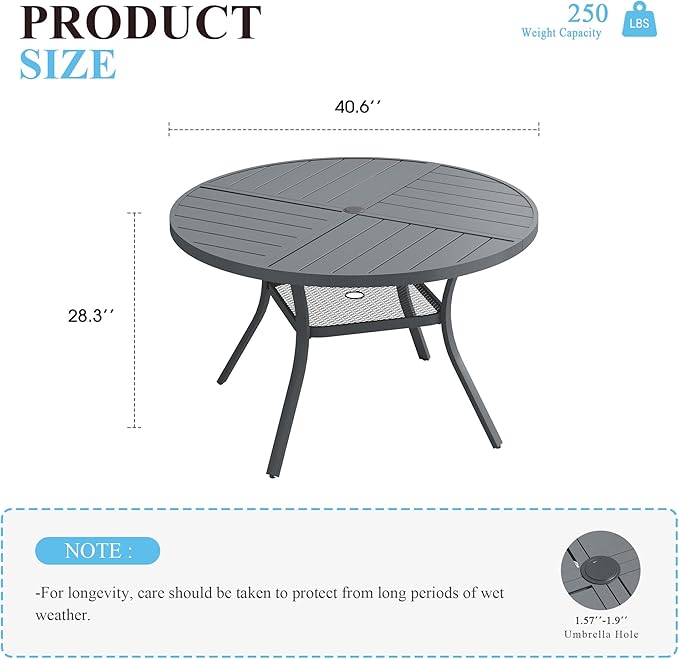 VICLLAX 40.6" Round Patio Table with Umbrella Hole, All Weather Metal Outdoor Dining Table for 4, Outside Table with Storage Shelf for Lawn Garden, Grey