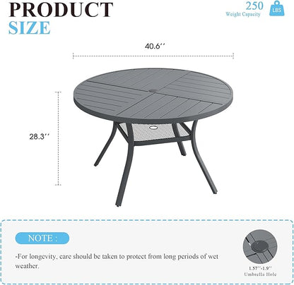VICLLAX 40.6" Round Patio Table with Umbrella Hole, All Weather Metal Outdoor Dining Table for 4, Outside Table with Storage Shelf for Lawn Garden, Grey