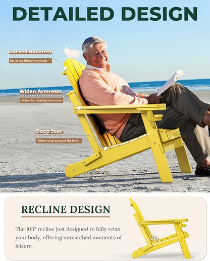 BRIOPAWS Folding-Adirondack-Chairs Set of 4 | HDPE | Fire Pit Chair | Cup Holder | Weather Resistance | Yellow | for Outdoor Backyard Deck Patio