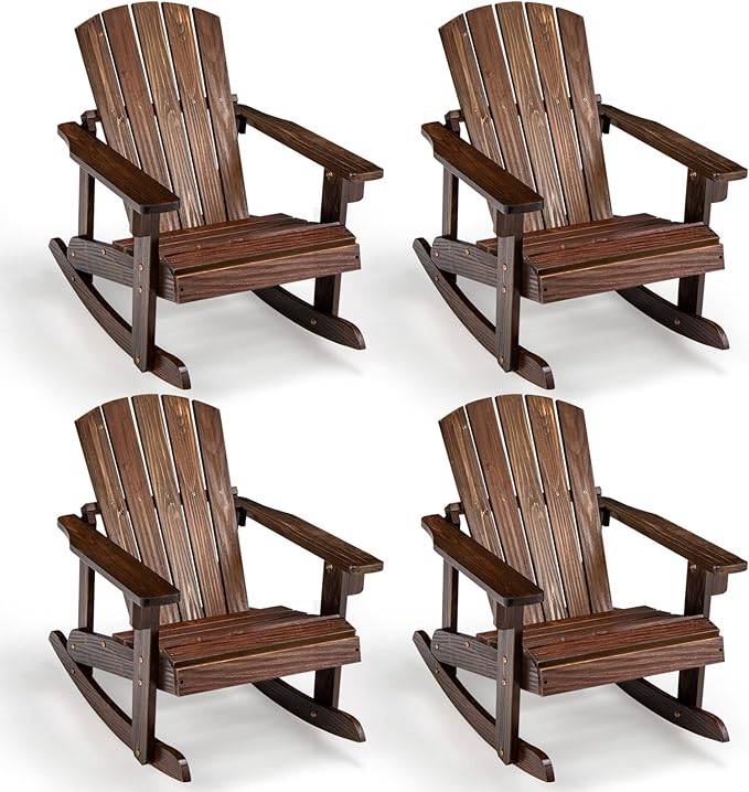 Giantex Wooden Adirondack Rocking Chairs Set of 4 - Kids Outdoor Rocker with Slatted seat, Smooth Rocking Feet, 300LBS Weight Capacity, Porch Rocking Chair for Balcony, Backyard, Poolside (4, Coffee)