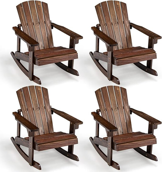 Giantex Wooden Adirondack Rocking Chairs Set of 4 - Kids Outdoor Rocker with Slatted seat, Smooth Rocking Feet, 300LBS Weight Capacity, Porch Rocking Chair for Balcony, Backyard, Poolside (4, Coffee)
