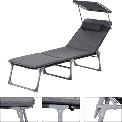 SONGMICS Sun Lounger, Patio Chaise Lounge Chair, Folding, with Canopy, Cushion, 76 x 20.9 x 11.4 Inches, Holds 330 lb, Headrest, Adjustable Backrest, Outdoor Garden Pool, Dark Gray UGCB19UMV1