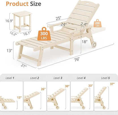 LUE BONA Chaise Lounge Chairs Set with Table, 3-Piece, 79'' Oversized HDPS Material, 5 Positions Adjustable Patio Lounge Chairs, Pool Lounge Chair with Wheels for Poolside, 3-Year Warranty, Sand