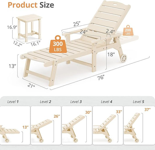 LUE BONA Chaise Lounge Chairs Set with Table, 3-Piece, 79'' Oversized HDPS Material, 5 Positions Adjustable Patio Lounge Chairs, Pool Lounge Chair with Wheels for Poolside, 3-Year Warranty, Sand
