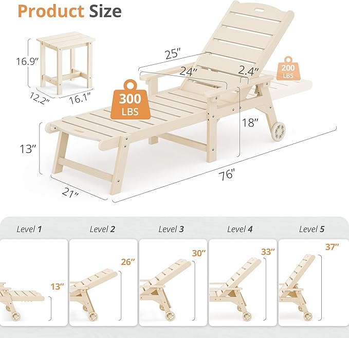 LUE BONA Chaise Lounge Chair with Table, 6-Piece, HDPS Chaise Lounger, 5 Positions Adjustable Lounge Chairs - Photo 2