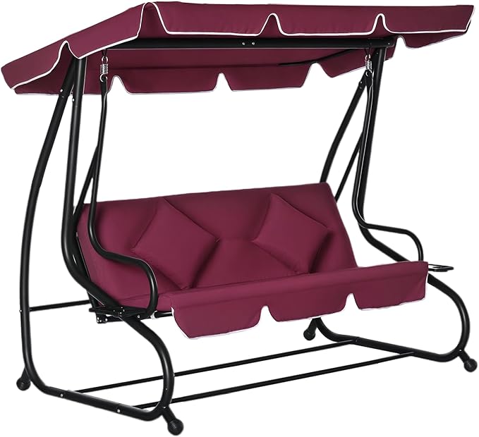 Outsunny 3-Seat Outdoor Patio Swing Chair, Converting Flatbed, Outdoor Swing Glider with Adjustable Canopy, Removable Cushion and Pillows, for Porch, Garden, Poolside, Backyard, Red