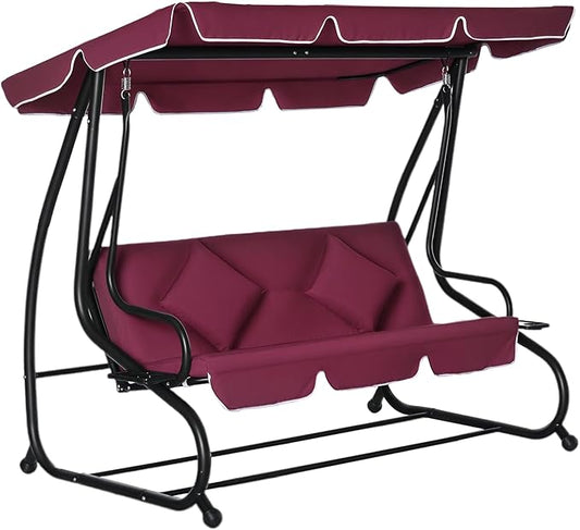 Outsunny 3-Seat Outdoor Patio Swing Chair, Converting Flatbed, Outdoor Swing Glider with Adjustable Canopy, Removable Cushion and Pillows, for Porch, Garden, Poolside, Backyard, Red