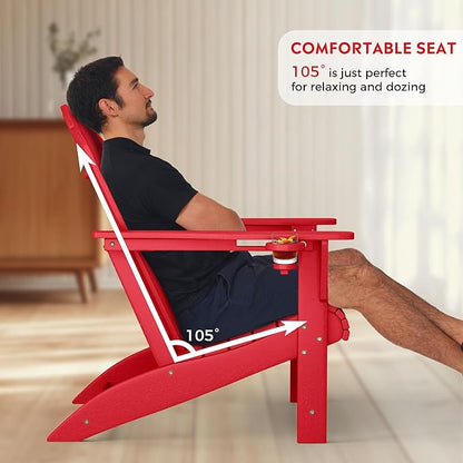 Costaelm Lakeview Outdoor Patio HDPE Adirondack Chair with Cup Holder, Red