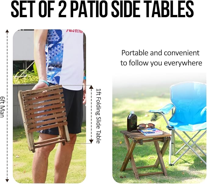 Pack of 2 Small Folding Table, Portable Acacia Wood Side Table for Patio, Pool, Balcony, Indoor and Outdoor, Walnut, 14 inches Height