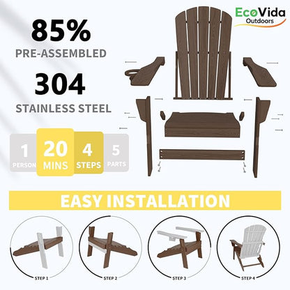 Upgraded Folding Adirondack Chair with All-Weather Cup Holder-EcoVida, Premium Wood Grain Texture, HDPE Waterproof, Suitable for Fire Pit, Patio, Porch, Coffee