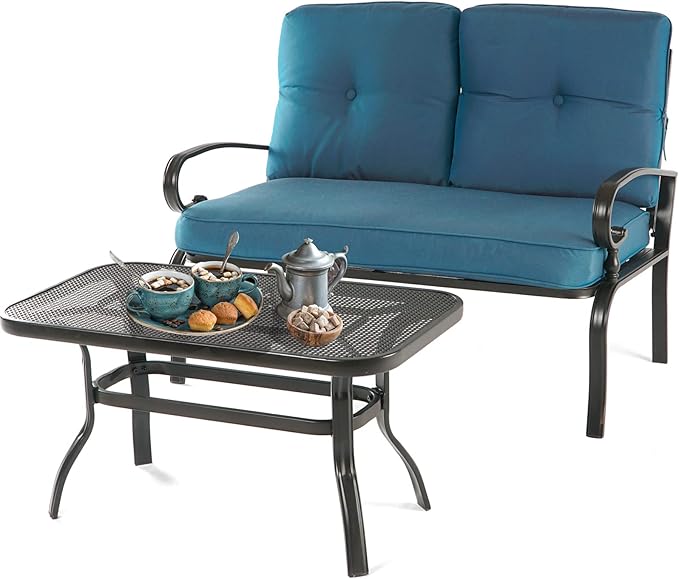 Outdoor 2 Pcs Patio Loveseat Bench Set with Bistro Coffee Table and Patio Steel Frame Sofa with Cushion - Photo 1