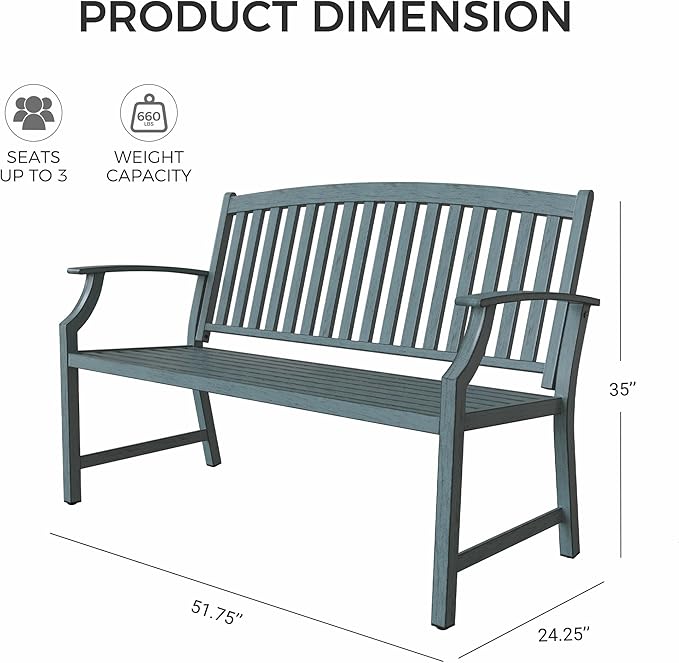 Grand patio 52" Farmhouse Outdoor Bench, Garden Benches with Anti-Rust Aluminum Metal Frame, Faux Wood Grain Finish Frame Patio Bench for Front Porch, Weathered Blue