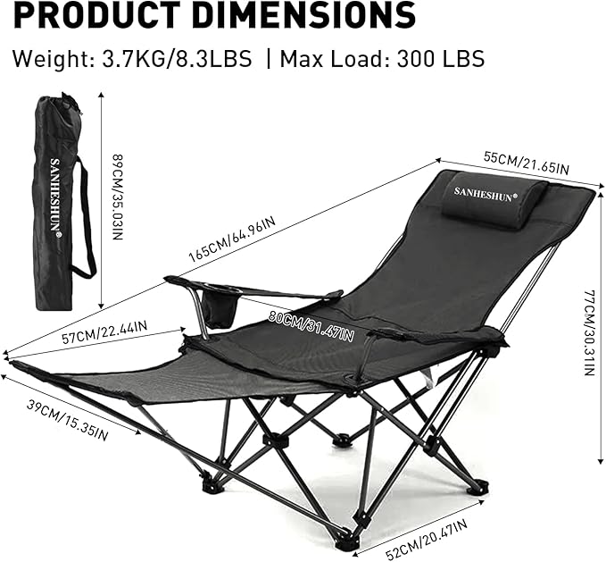 Zero Gravity Chair, Reclining Camping Chair with Padded Pillow, Cup Holder, Storage Pocket & Carry Bag, 4-in-1 Portable Camping Recliner for Outdoor, Beach, Garden, and Backyard - Black