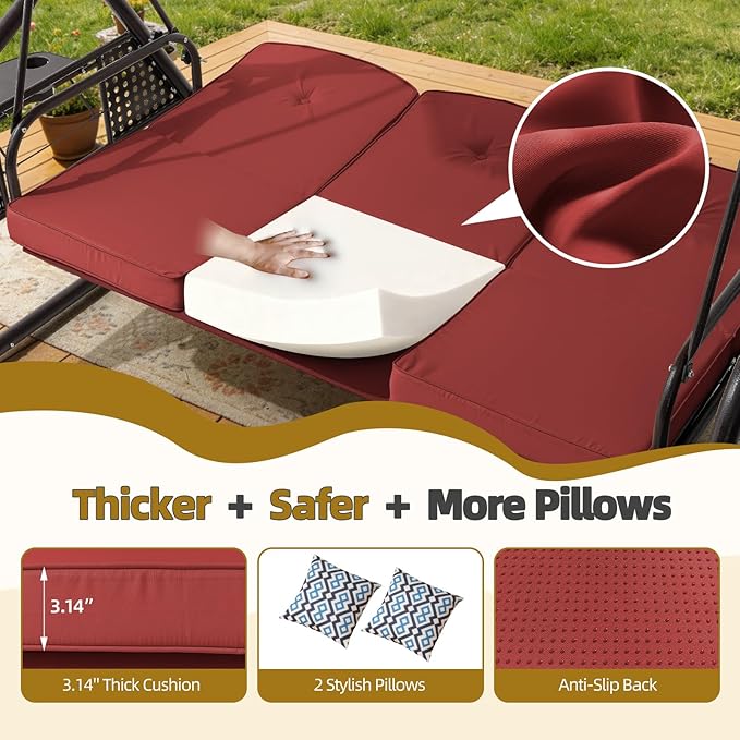 3 Seat Outdoor Porch Patio Swing with Adjustable Canopy& Backrest, Outdoor Swing for Adults - Photo 5