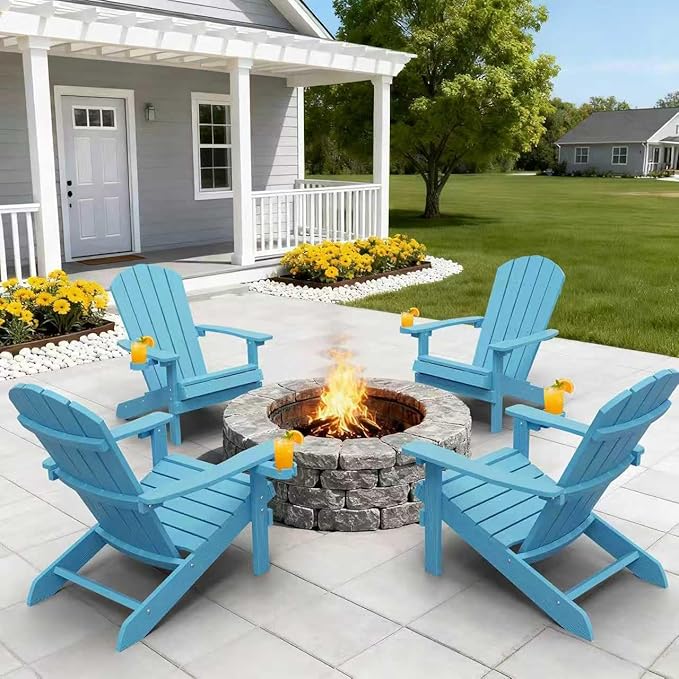YEFU Adirondack Chairs Set of 4 for Outdoor: Zero Gravity Fire Pit Chairs Plastic with Cup Holders - Sturdy All-Weather HIPS with Wood Texture for Patio Backyard Lawn - Easy Assembly(Blue)