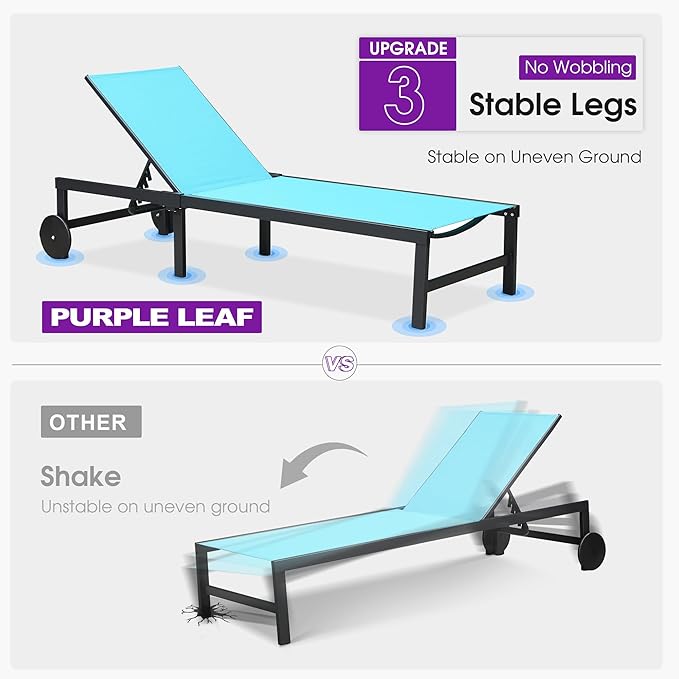 PURPLE LEAF Outdoor Chaise Lounge Chairs Set Recliner Adjustable Chair with Wheels and Table for Poolside Beach Patio Aluminum Reclining Sunbathing Lounger, Blue