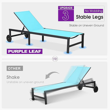 PURPLE LEAF Outdoor Chaise Lounge Chairs Set Recliner Adjustable Chair with Wheels and Table for Poolside Beach Patio Aluminum Reclining Sunbathing Lounger, Blue