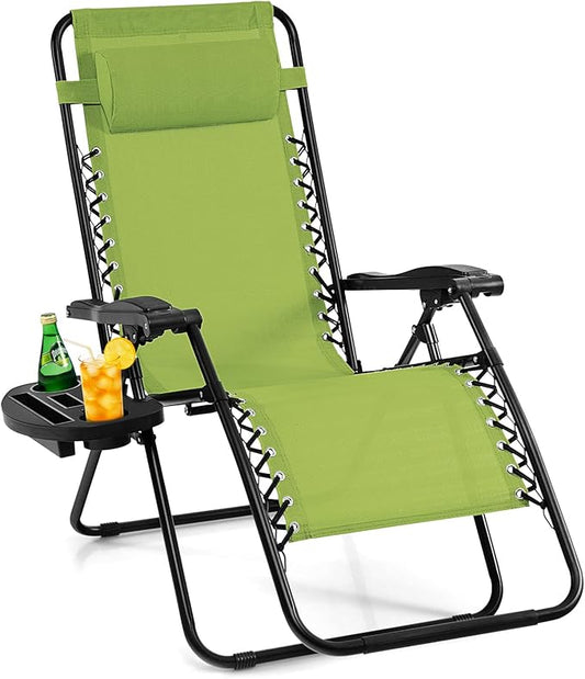 Giantex Zero Gravity Reclining Chair, Outdoor Patio Recliner with Cup Holder & Removable Pillow, Adjustable Backrest, Indoor Lounge Chair for Backyard, Garden, Poolside (Green)