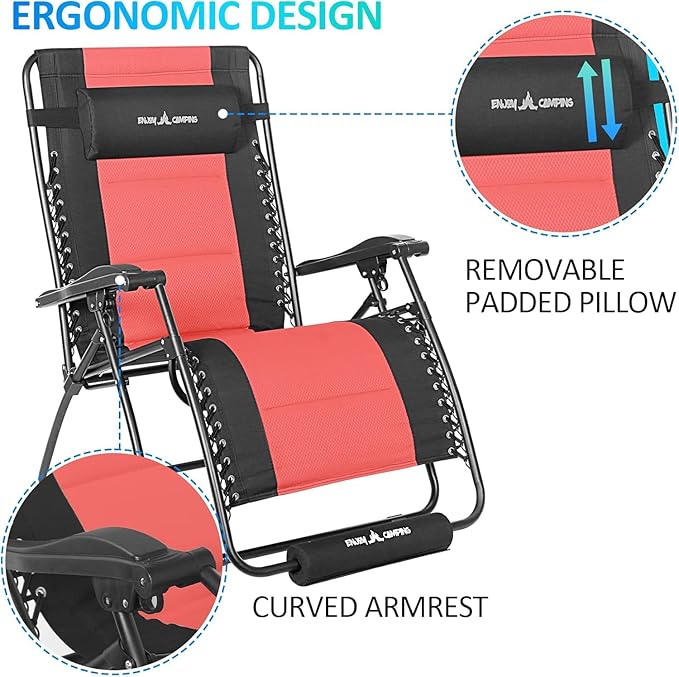 Amopatio XXL Oversized Zero Gravity Chair, 33" Width Padded Lounge Chairs for Outside, Folding Reclining Anti Gravity Chair for Patio Pool Porch Deck Beach, Red