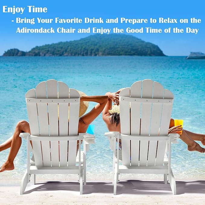 hOmeHua Adirondack Chair, HIPS Adirondack Chairs Weather Resistant with Cup Holder, Plastic Outdoor Chair for Patio, Backyard Deck, Fire Pit Lawn Porch (White)
