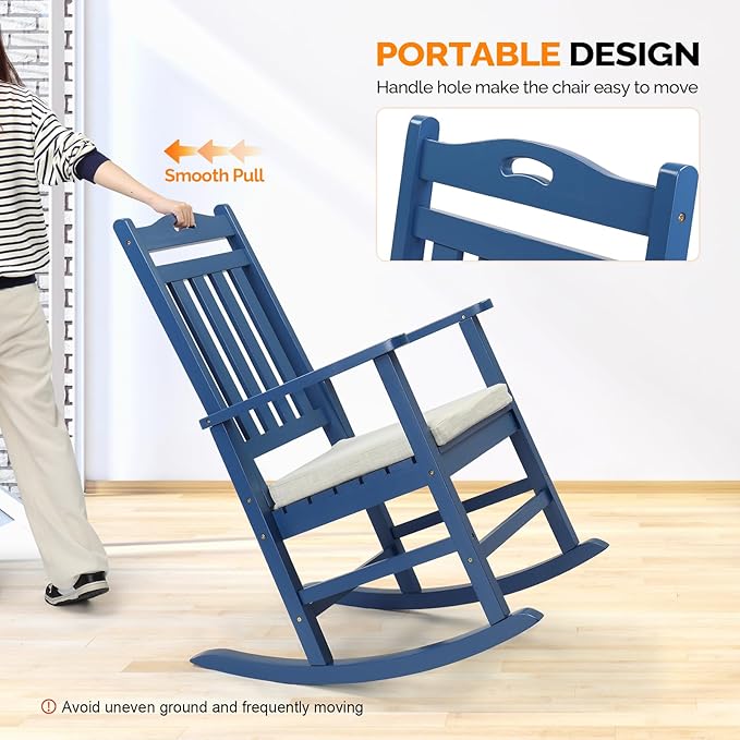 VINGLI Outdoor Rocking Chair, Heavy Duty 450 lbs Poplar Wooden Rocking Chair with High Backrest Design, Come with a Cushion, All-Weather Lounge Rocker Support for Garden, Deck (Navy Blue, 2 PCS)